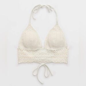 Aerie Small Crochet Lace Triangle Bikini Top Cream Boho Tie Back Swim